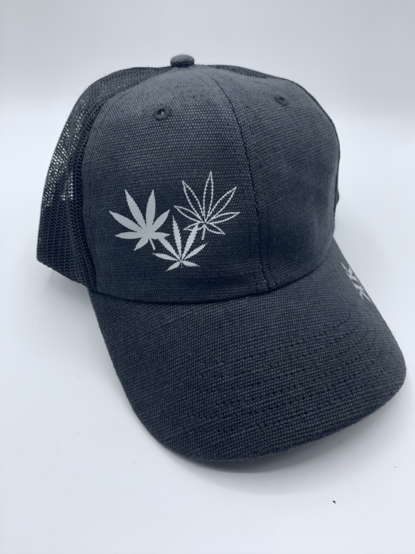 Hemp Snapback hat in Black with three cannabis leaf design in grey