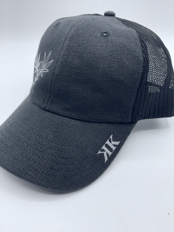 Hemp Snapback Hat in Black showing front display of KK Logo