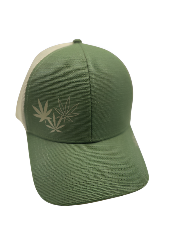 Olive Green Hemp Novelty Snapback hat with thee cannanbis leaf design in gold on front