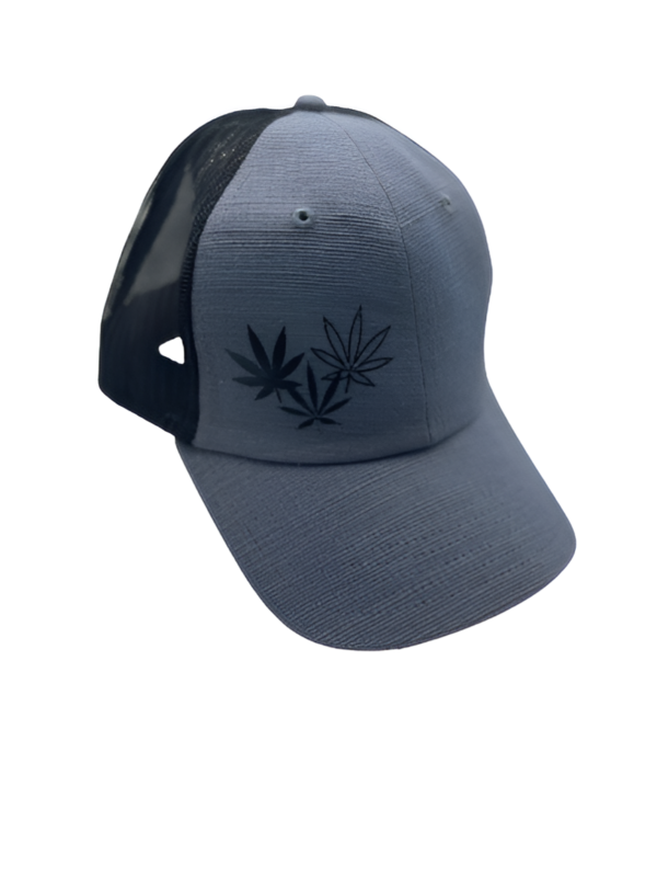 Grey Hemp Snapback Mesh Hat with Black three cannabis leaf design on front