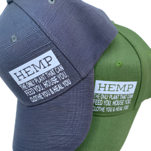 Two Hemp Hats Stacked in Grey and Green with White Hemp Fact