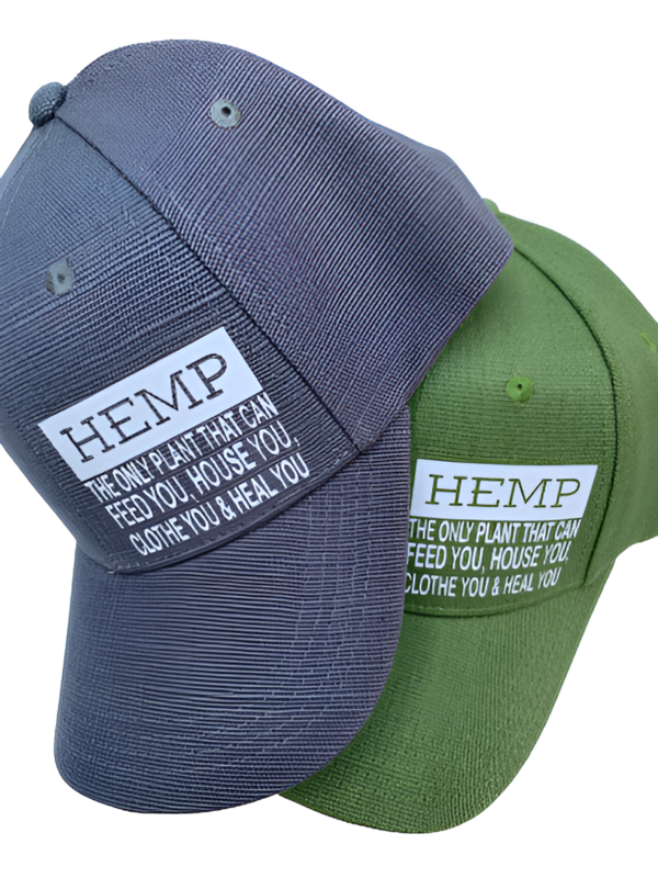 Two Hemp Hats Stacked in Grey and Green with White Hemp Fact