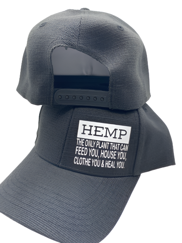 Black Hemp Hat with Hemp Quote and Back of Snapback Hat